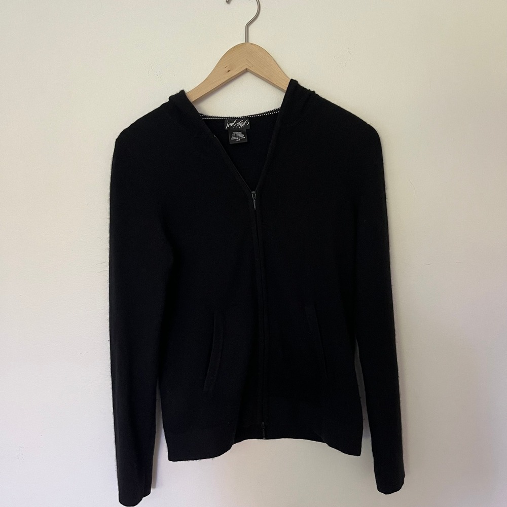 Lord & Taylor Black Wool Cashmere Blend Full Zip Hoodie Sweater Small